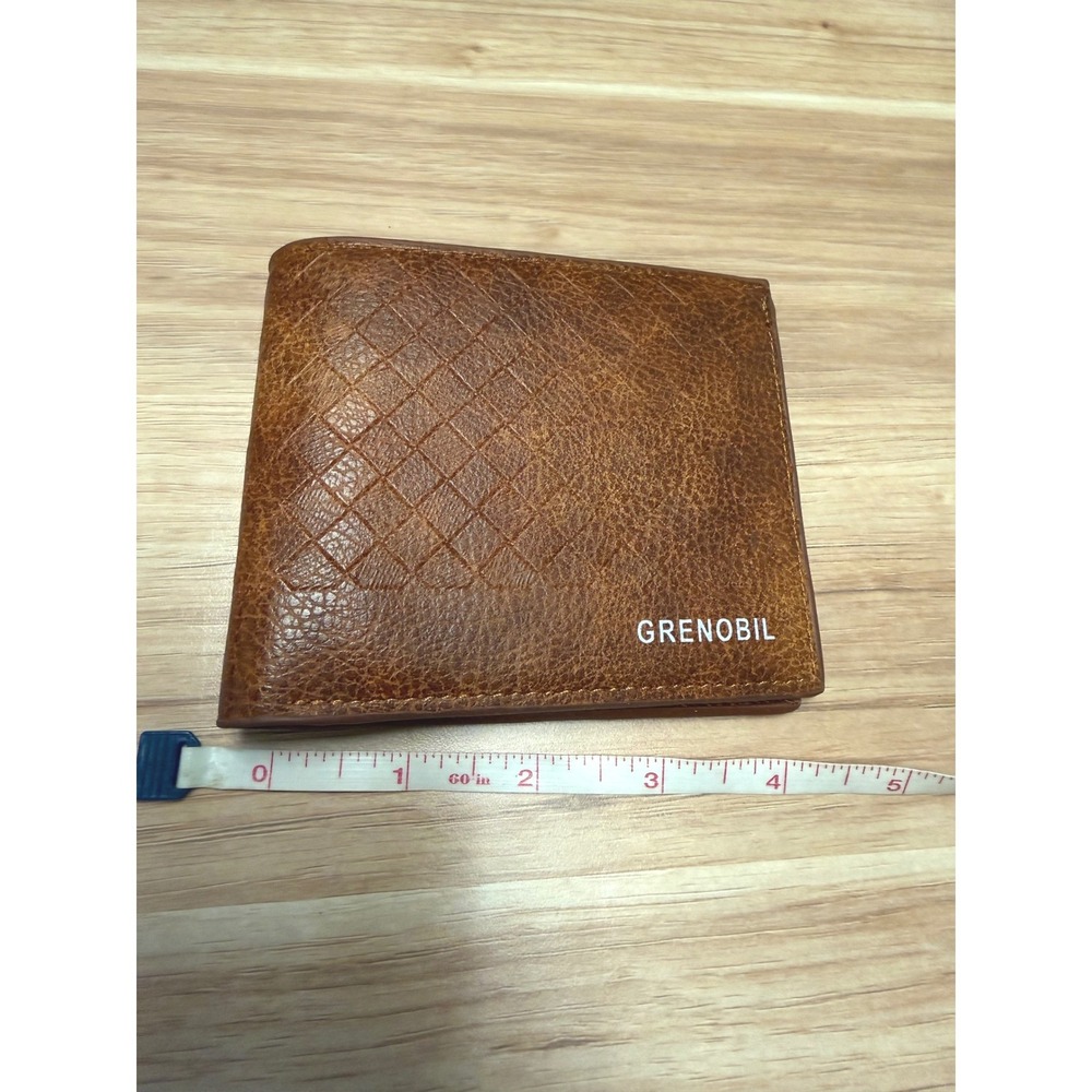 Grenobil Mens Bifold Wallet Cognac Brown Textured Quilted PVC ID Window Zip